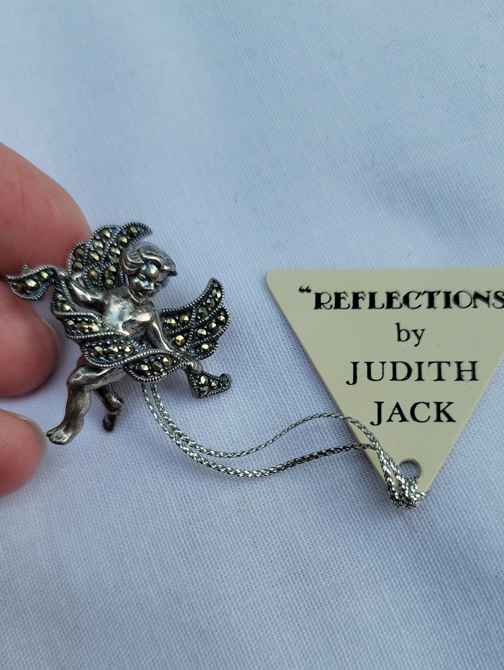 Vintage Judith Jack Silver Cherub Brooch with Dark Sparkle Accents Marked Sterl